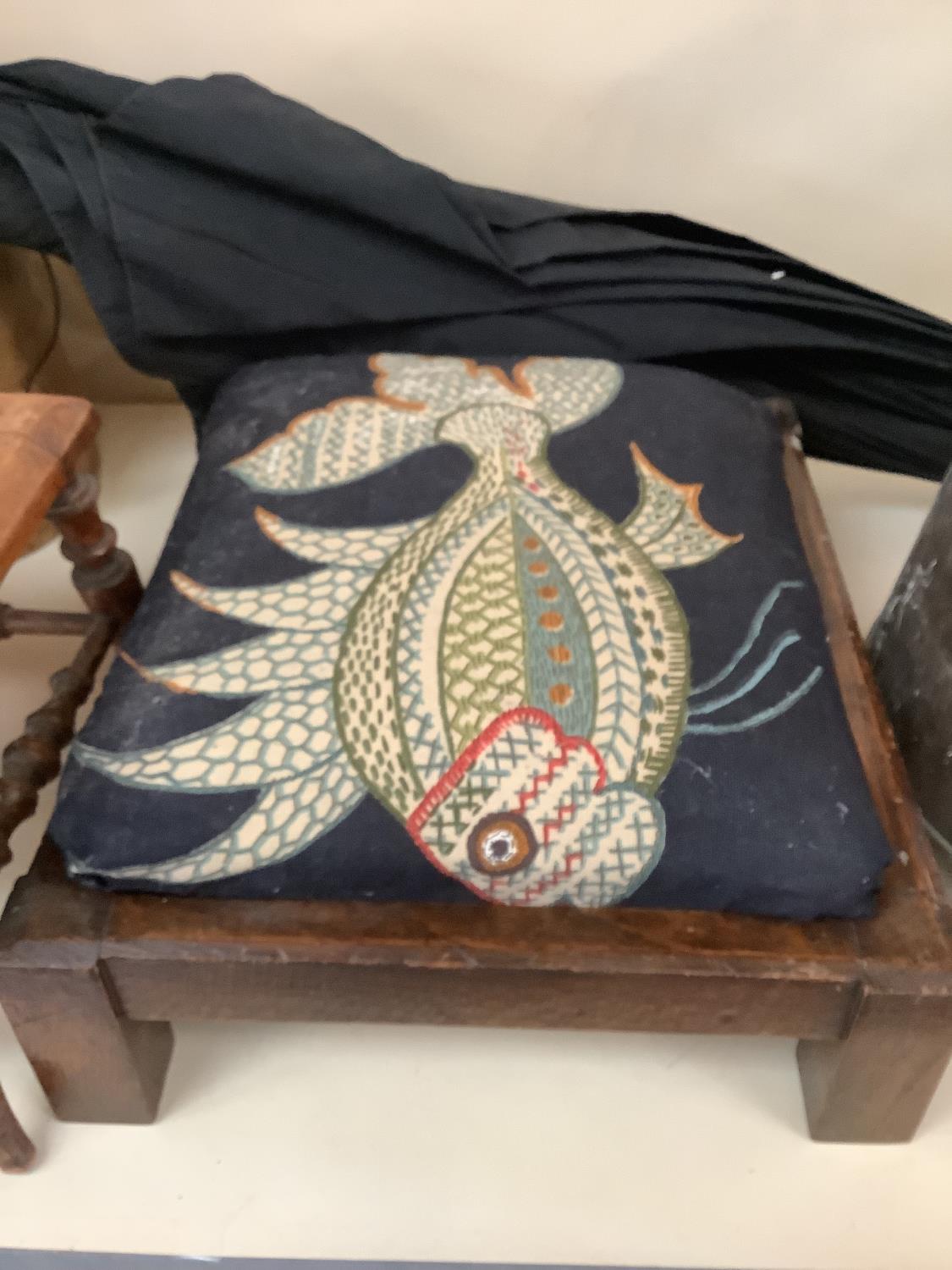 An inlaid hanging wall cupboard, a small footstool, with bergere - caning damaged, a foot stool - Image 3 of 13