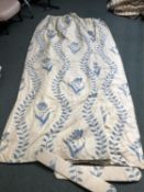 Pair cream curtains with blue floral pattern and tie backs, lined and interlined, 237 drop, 192cm