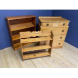 A 4 drawer chest of drawers, in the art deco taste, and a modern small bookshelf, and a small pine