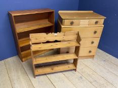 A 4 drawer chest of drawers, in the art deco taste, and a modern small bookshelf, and a small pine