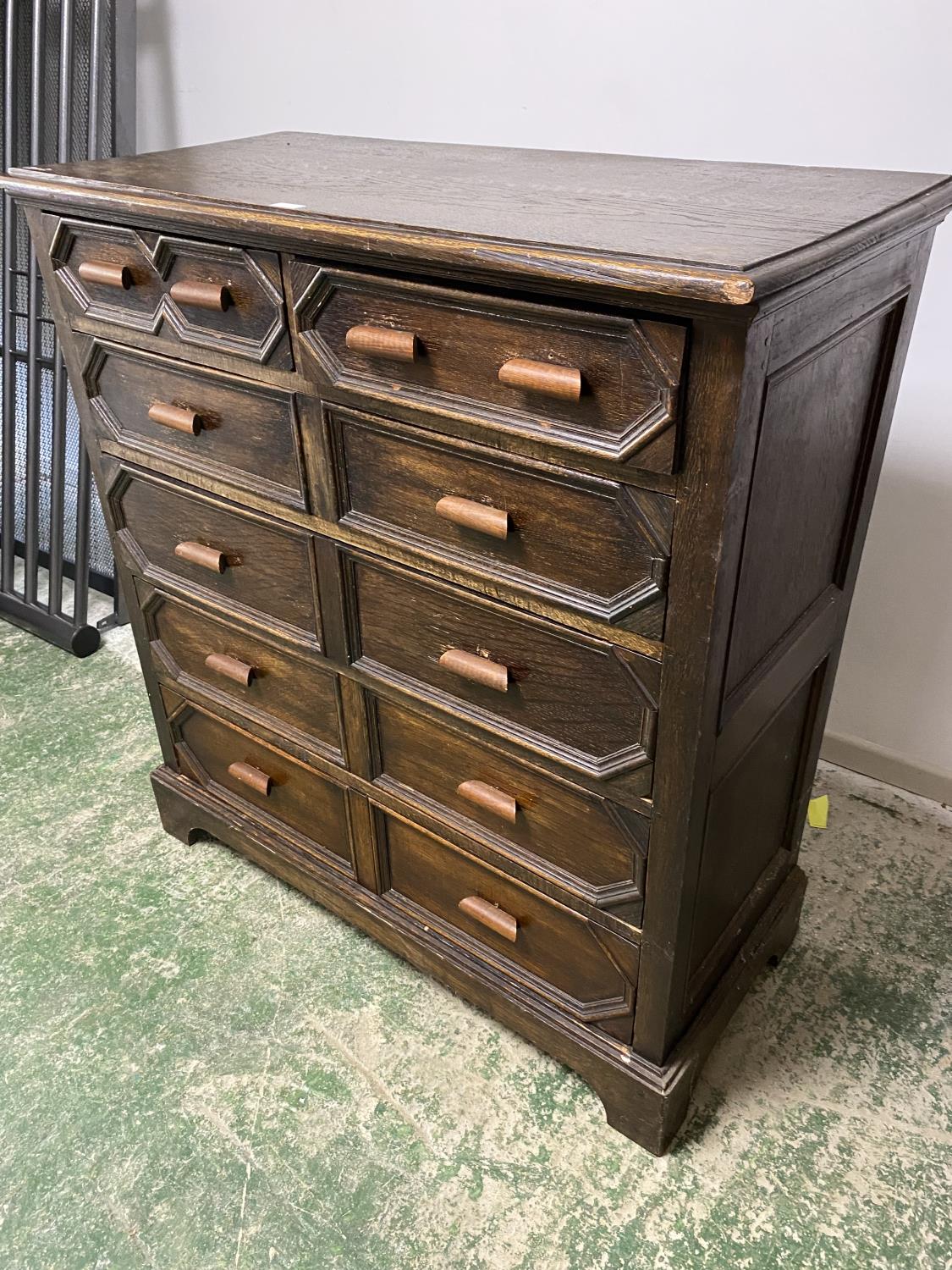 Small modern oak style chest of 3 drawers, a Jacobean style modern chest, and a pine chest, all as - Image 6 of 7