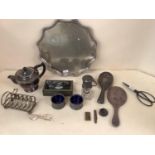 Quantity of silver plate and a two sterling silver dressing table items, a box with butterfly wing