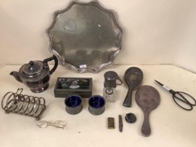 Quantity of silver plate and a two sterling silver dressing table items, a box with butterfly wing