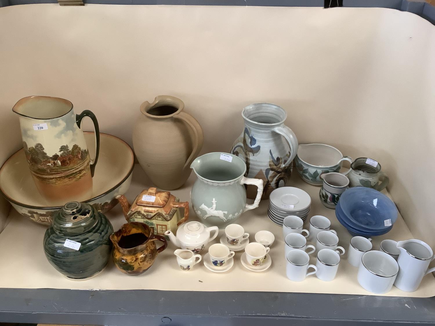 Quantity of China to include large modern jugs, platters, Spode Fortuna, Miniature tea set,