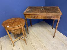 Satinwood and string inlaid sewing table (in need of restoration), and a late C19th faded side table