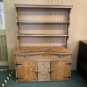 Modern Pine and rustic dresser, the 3 cupboard base below a two shelf rack, as found, 183H x 138 L x