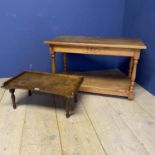 Small light oak coloured two tier coffee/side table on wheels and a bed tray