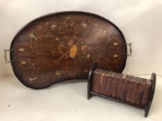 A kidney shaped Edwardian inlaid tray, with brass carry handles and a wooden desk top bookshelf with