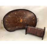 A kidney shaped Edwardian inlaid tray, with brass carry handles and a wooden desk top bookshelf with