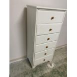 A modern tall narrow chest of 6 drawers, painted white with pine coloured knob handles, 58cm W x