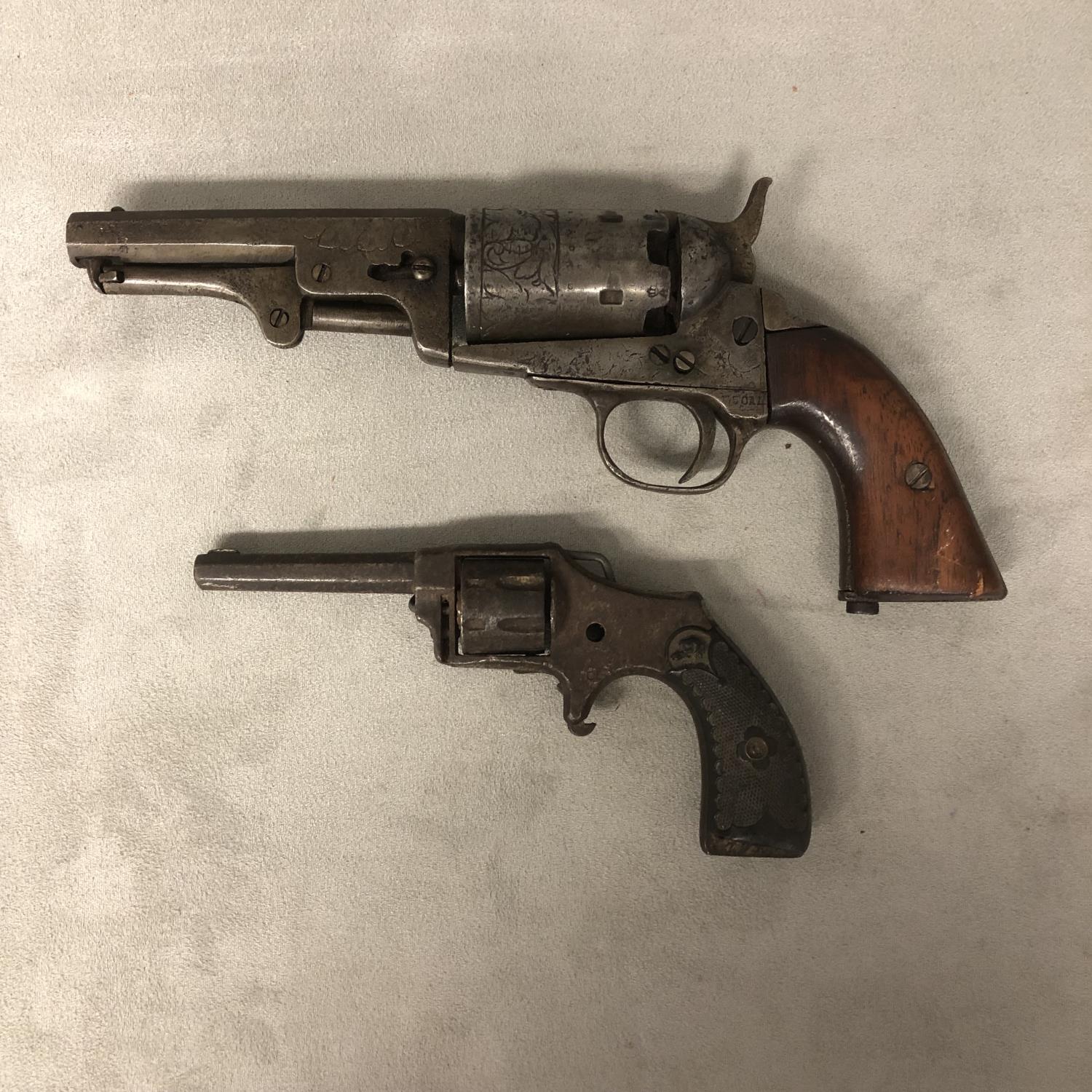 Two C19th obsolete pistols, one with engraved barrel and walnut stock, and a small pin fire - Image 2 of 7