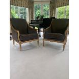 A Pair of good contemporary show framed arm chairs, upholstered in a dark olive fabric; H 99 x D