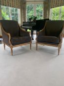 A Pair of good contemporary show framed arm chairs, upholstered in a dark olive fabric; H 99 x D