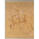 A pastel sketch of Horse and jockey by Arthur Tayler, signed by the Jockeys of the 1987 Flat season,