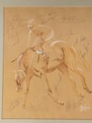 A pastel sketch of Horse and jockey by Arthur Tayler, signed by the Jockeys of the 1987 Flat season,