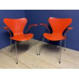 Original Arne Jacobsen armchairs in Orange, model 3207 by Fritz Hansen. Chrome Plated tubular