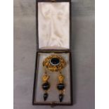 Victorian circa 1870 banded Agate and unmarked yellow metal jewellery suite pierced gilt brooch with