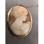 9ct gold mounted shell Cameo brooch, with oval image of a classical lady, 6cm x 7.5cm, 30grams gross