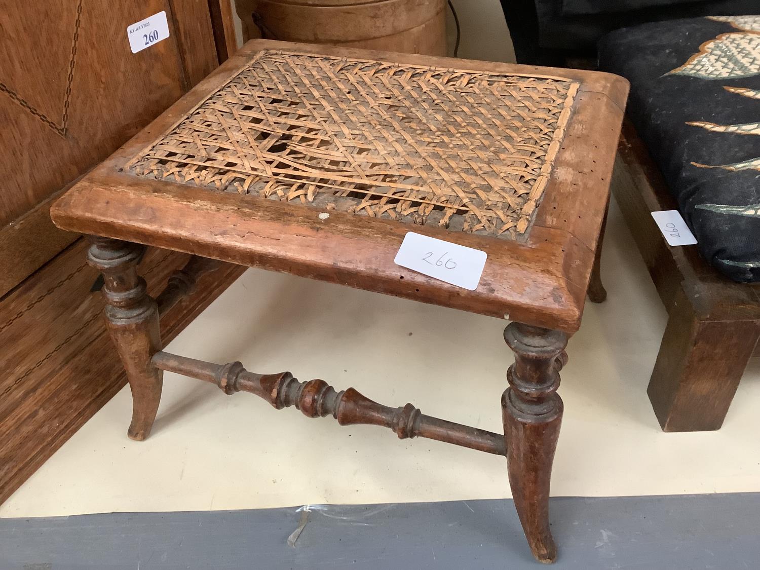 An inlaid hanging wall cupboard, a small footstool, with bergere - caning damaged, a foot stool - Image 4 of 13