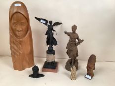 A contemporary wooden carving of a ladies face, and other small carvings etc, all as found