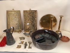 Quantity of brass wares including candlesticks, sconces etc, a jam pan, and cast brass candle