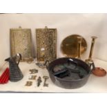 Quantity of brass wares including candlesticks, sconces etc, a jam pan, and cast brass candle