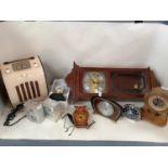 Collection of C20th carriage and mantle clocks, and a Metamack glazed wall clock, Vintage Bakelite