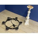 A circular black metal hanging rack, and a white meatal candlestand, both as found 73cmH