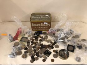 Collection of C20th UK and commemorative coinage in a brown beauty tobacco advertising tin