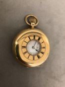 18ct gold cased half hunter pocket watch, crown wind movement, enamel face with roman numeral