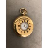 18ct gold cased half hunter pocket watch, crown wind movement, enamel face with roman numeral