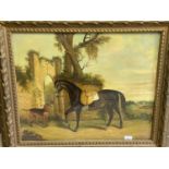 Oil on canvas, saddled horse and hound, in classical landscape, bears indistinct signature lower