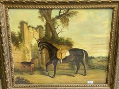 Oil on canvas, saddled horse and hound, in classical landscape, bears indistinct signature lower
