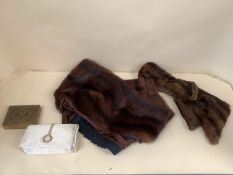 Vintage lot of furs, and toiletry bag marked Bulgari