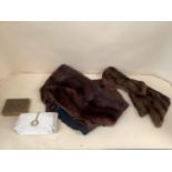 Vintage lot of furs, and toiletry bag marked Bulgari