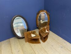 2 oval mirrors and a pair of wall plinths with light fittings, all as found