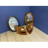 2 oval mirrors and a pair of wall plinths with light fittings, all as found