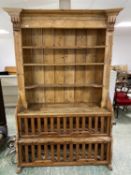 A good Irish large antique pine dresser, 3 shelves, above a galleried cupboard base, 214cm H x 133cm