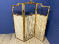 A three panelled folding screen, with glazed top and silk panels below (all in need of restoration),