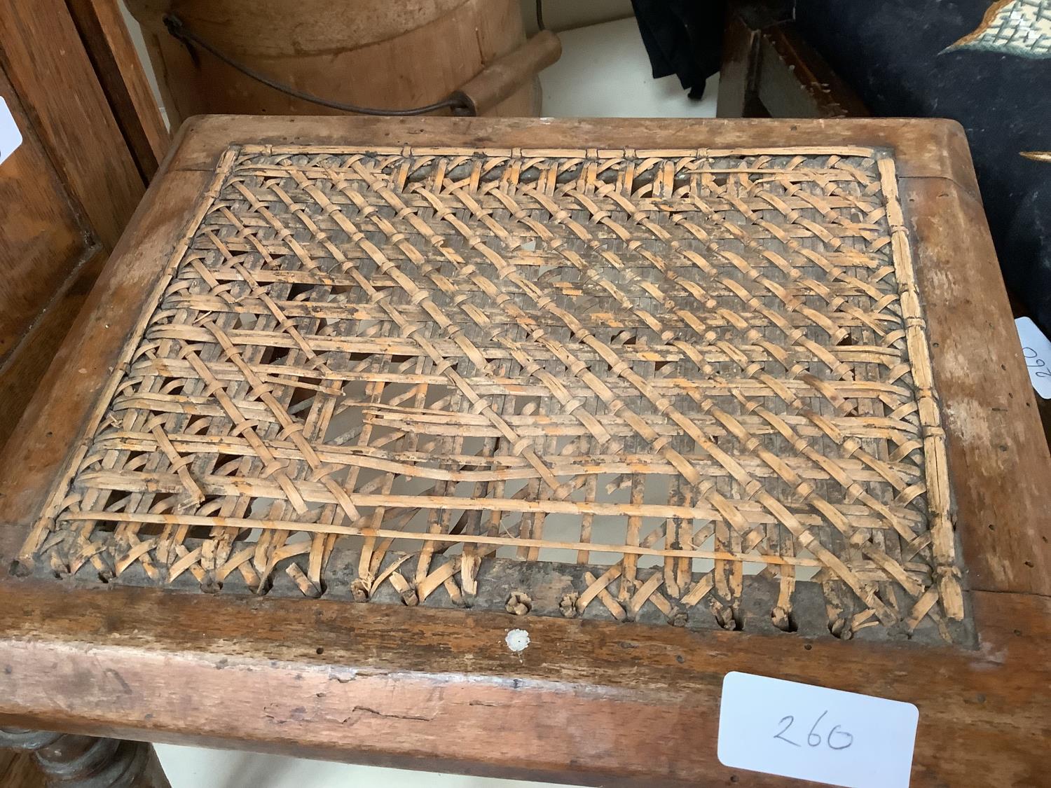 An inlaid hanging wall cupboard, a small footstool, with bergere - caning damaged, a foot stool - Image 5 of 13