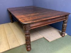 Large rectangular extending dining table with 2 leaves, possibly stained pine top with oak base?, on