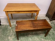 A small modern pine kitchen table, 115cm L approx., and a narrow coffee table, 97.5cm L x 38W