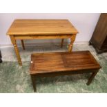 A small modern pine kitchen table, 115cm L approx., and a narrow coffee table, 97.5cm L x 38W
