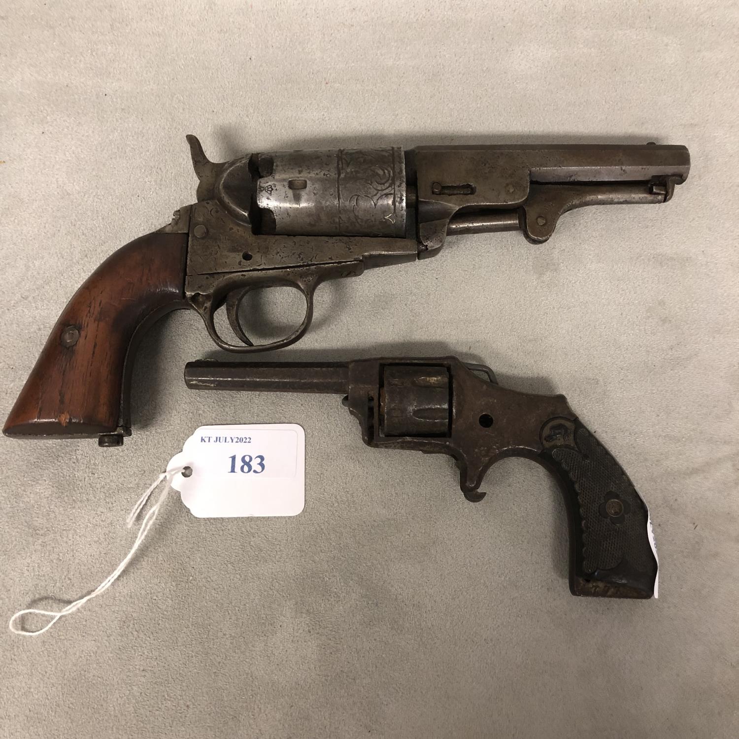 Two C19th obsolete pistols, one with engraved barrel and walnut stock, and a small pin fire - Image 7 of 7