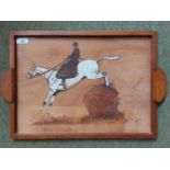 Oak framed and glazed tray, with a Cecil Aldin signed painting of a lady riding side saddle on a