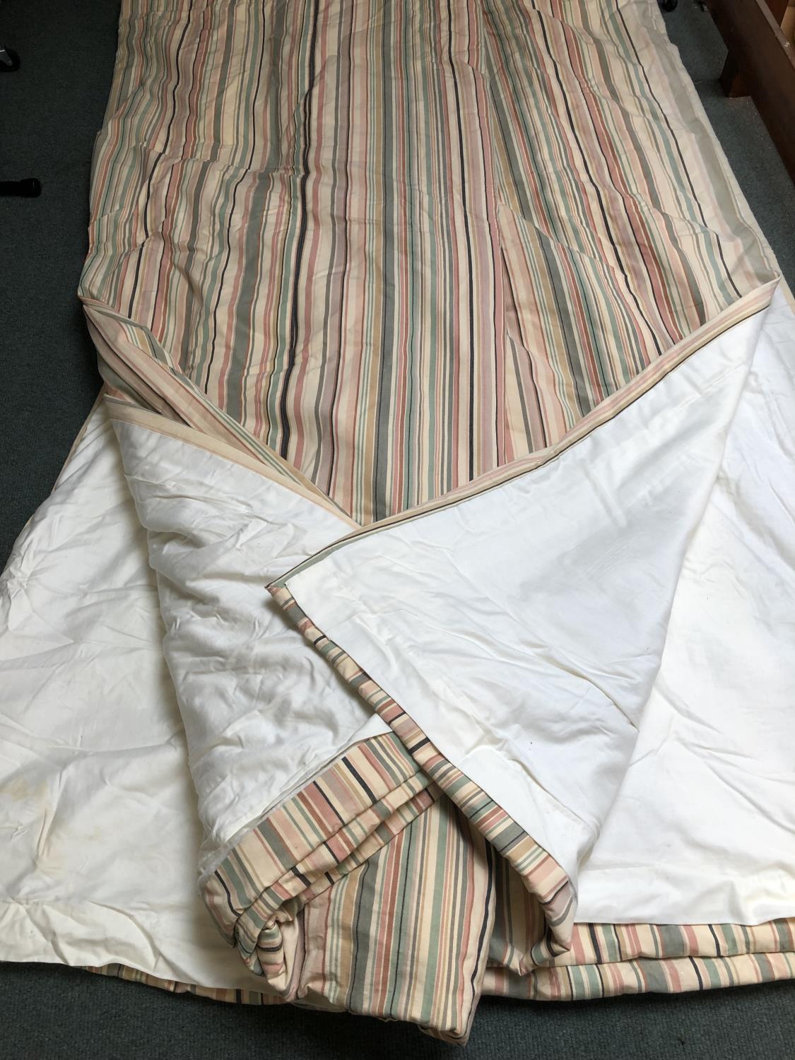 Pair cream curtains with pale coloured stripes, green, pinks, lined and interlined, tie backs, 237cm - Image 2 of 4