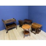 A small oak nest of 3 tables, and two small drop leaf tables, a circular occasional table, and a two