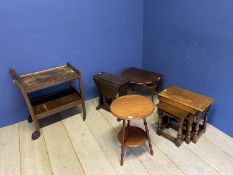 A small oak nest of 3 tables, and two small drop leaf tables, a circular occasional table, and a two