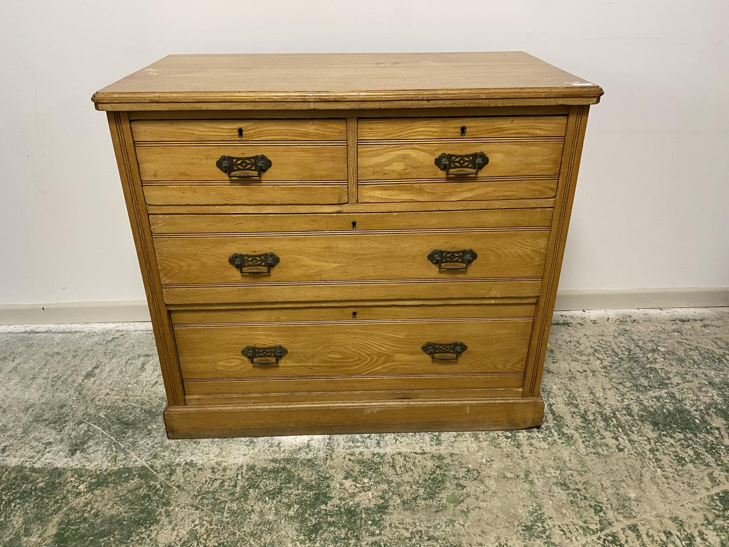 Small modern oak style chest of 3 drawers, a Jacobean style modern chest, and a pine chest, all as