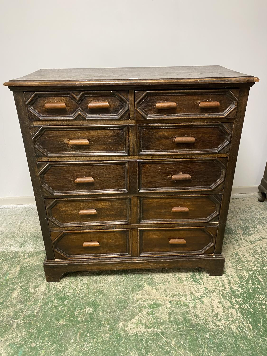 Small modern oak style chest of 3 drawers, a Jacobean style modern chest, and a pine chest, all as - Image 2 of 7